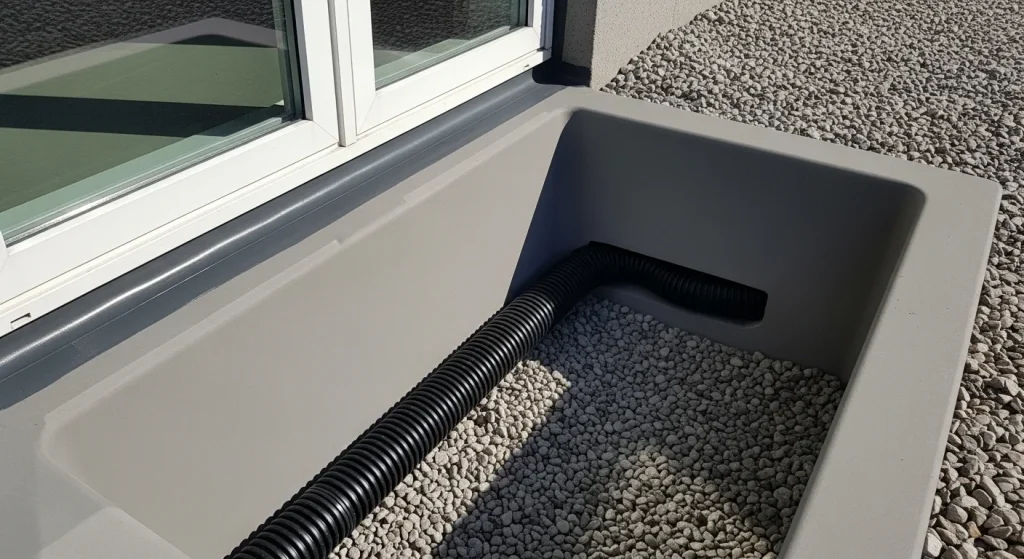 Close-up of a properly waterproofed basement window well