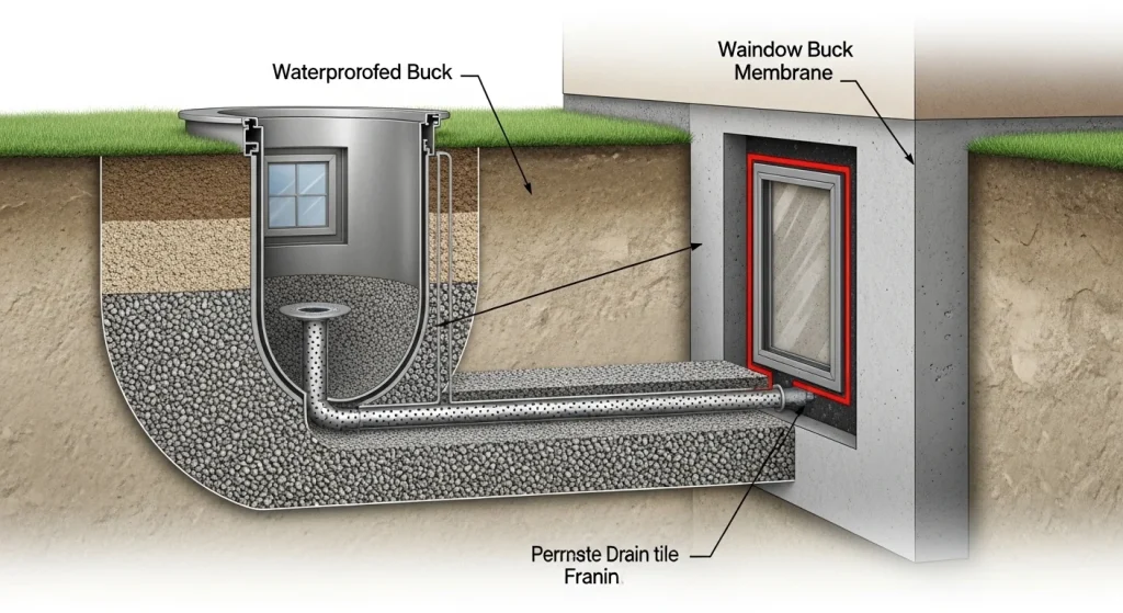 Cutaway diagram style illustration showing window well drainage system