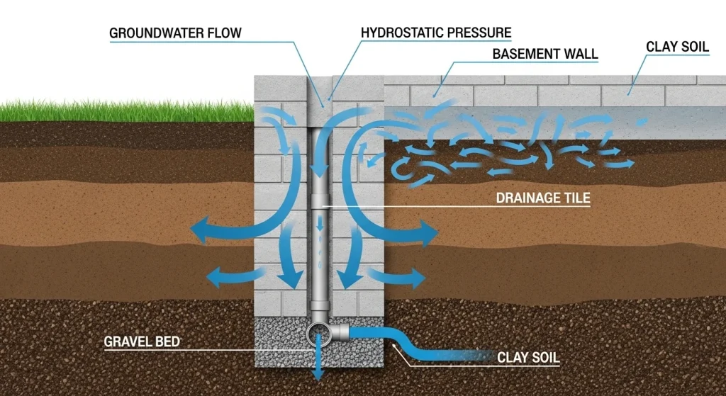 diagram of house foundation in clay soil showing groundwater flow, hydrostatic pressure