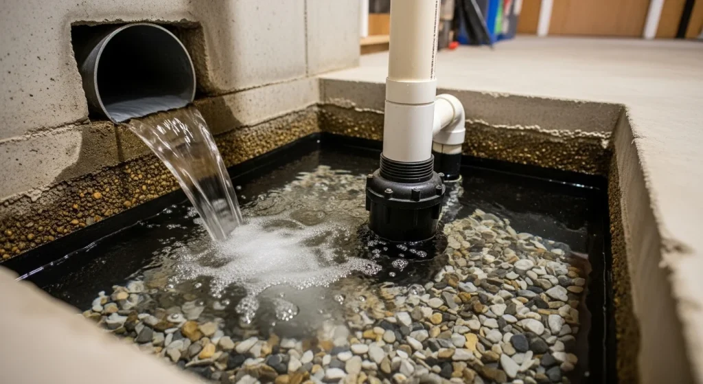 sump pump basin connected to interior drainage tile system