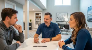 waterproofing contractor explaining financing paperwork